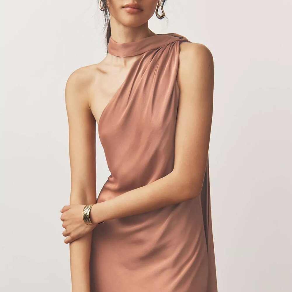 BHLDN Nicoletta One-Shoulder Scarf Satin Midi Dress (TAGS ON, Never worn)